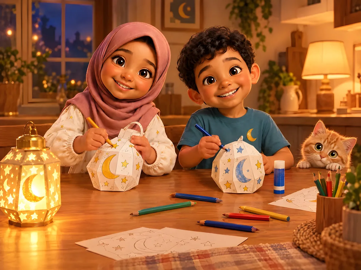 Zara and Zaki colouring paper lanterns at the kitchen table while Tobi the cat peeks over